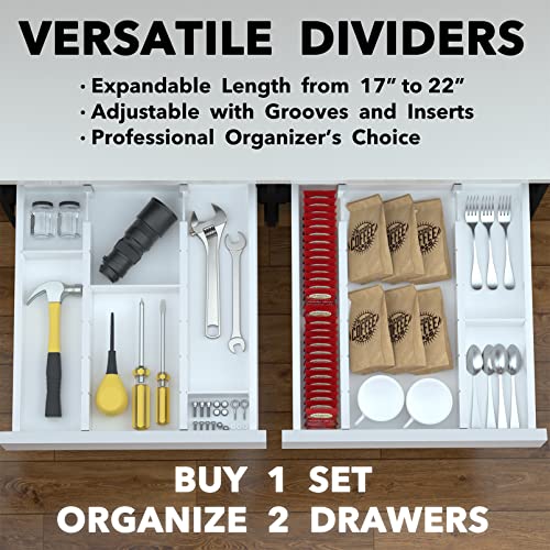 Bamboo Drawer Dividers with Inserts and Labels (2.35''H, 17''-22''L, 4 Dividers / WHITE)