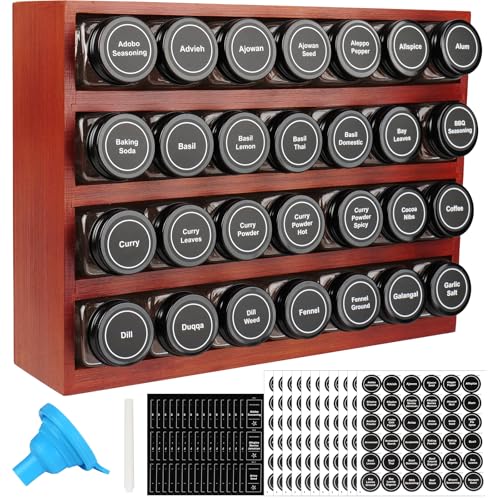 Bamboo Spice Rack Organizer with 28 Glass Spice Jars 4 oz Set Cherry Stain (28 Count)