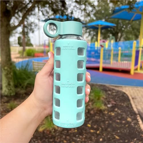 40oz / 32oz / 22oz / 12oz Borosilicate Glass Water Bottle with Time & Volume Markers, Silicone Sleeve, Stainless Steel Lid | Reusable Glass Bottle for Water & Juice (12oz Glow-in-the-Dark) (Glow-in-the-Dark (1 Count) / 12 Ounces)