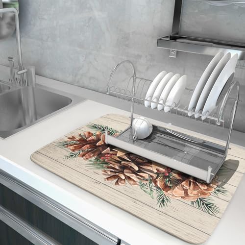 Winter Pine Cone Dish Drying Mat Holly Berries Dish Draining Mat Microfiber Washable Dish Drainer Rack Mat for Home Kitchen Counter 18"x24" (Winter Pine Cone / 18" x 18")