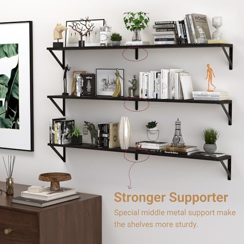 48 Inch Large Wall Bookshelves Set of 3 (Black / 47.24"W x 5.9"D x 5.4"H,Set of 3)