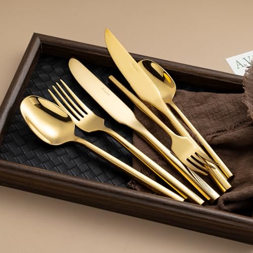 Gold Silverware Set with Steak Knives (Polished Gold with Steak Knives)