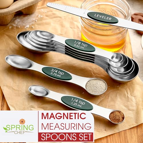 Stainless Steel Magnetic Measuring Spoons Set of 8 (Pine Green / 1-Pack)