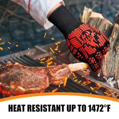 BBQ Gloves 1472°F Heat Resistant with Silicone Grip Oven Mitts (Red / Long (Glove L 13.78" × Palm W 6.33"))