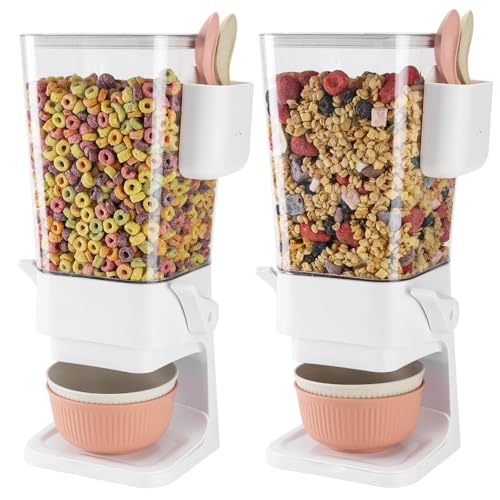 Cereal Dispenser Countertop 2 Pack with Bowls Spoons Cutlery Box (White)