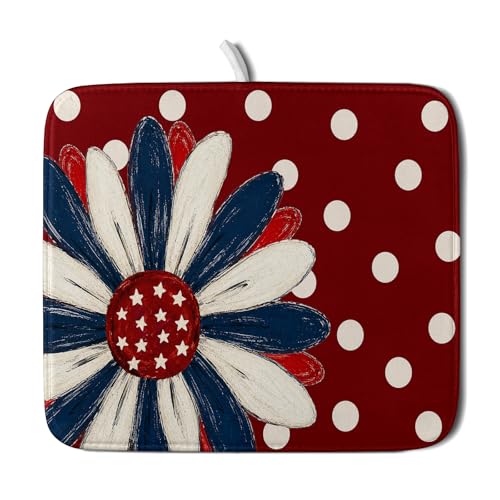Patriotic Dish Drying Mat 16 x18 In Red and Blue Daisy Microfiber Kitchen Draining Mat for Countertops (Patriotic Floral Red / 18" x 16")