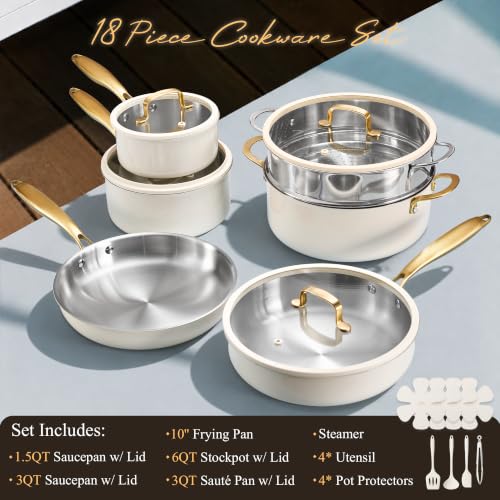 18 PCS Stainless Steel Cookware Set (White / 18 PCS)