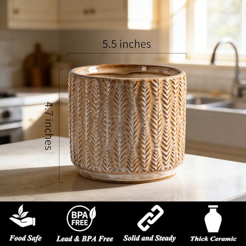 5.3 Inch Ceramic Utensil Crock Utensil Holder Countertop (Brown)