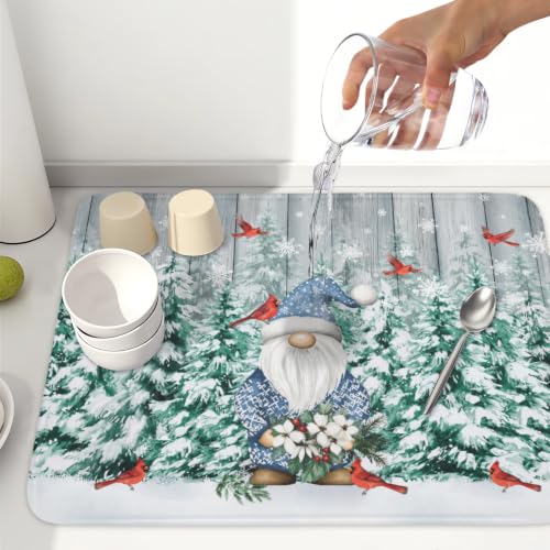 Winter Gnome Dish Drying Mat Pine Tree Dishes Pad 18"x24" Microfiber Absorbent Fast Dry Drainer Rack Mats Protector for Kitchen Countertop (Winter Gnome Bird / 18x24 inch)