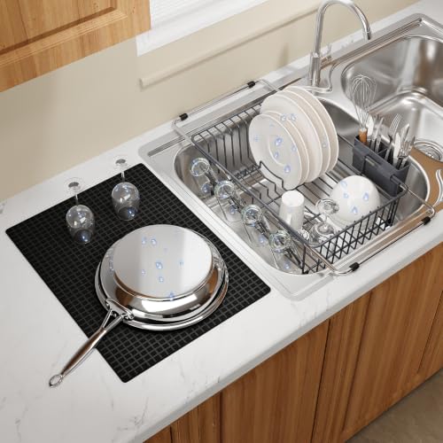 Grey Expandable Dish Drying Rack Over Sink with Extra Drying Mat (Gray / For 11.5"-16" W Sink with Cup Holder & Mat)