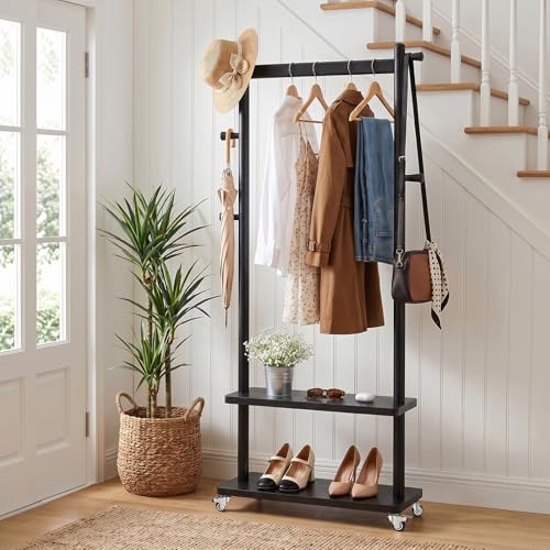Coat Rack Freestanding Solid Wood Clothes Rack with Wheels