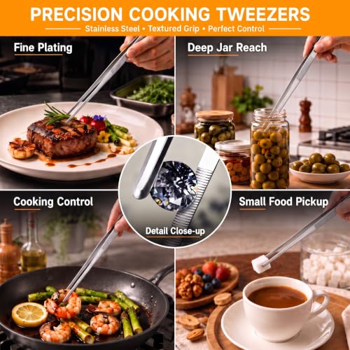 8 Packs 8 Inch Cooking Tweezers Bar Kitchen Tongs (8 Inch / Silver)