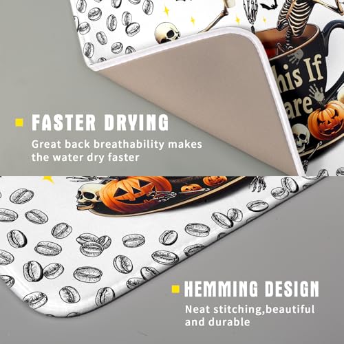 Funny Skull Coffee Mat for Table Counter Skeleton Dish Drying Mat Holiday Decoration for Home Coffee Bar (Dead Coffee White / 18" x 16")