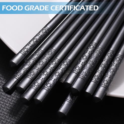 5 Pairs Premium Chopsticks Reusable Dishwasher Safe 9.5 Inch Fiberglass Chop Sticks Gift Set Non Slip Lightweight Cherry Blossom Pattern (Black Cherry Blossom)