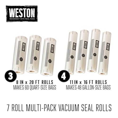 Vacuum Sealer Bags (7 Count, Clear / 8" x 20’ & 11” x 16’ Rolls for Custom Sizes)