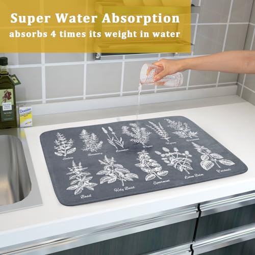 Flower Herbs Dish Drying Mat Wild Plant Dish Rack Mat with Hanging Loop Fast Dry Dish Drainer Pad for Kitchen Counter Sink 18x24 Inch (gray plant collection / 18" x 24")