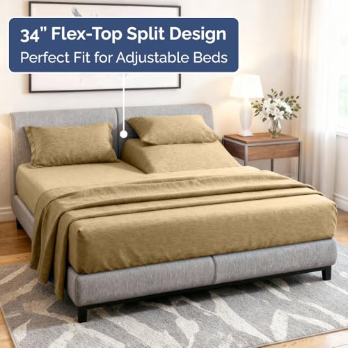 Flex Top Split Head King 4 Piece Sheet Set (37 - Heathered Tan / Split Head/Flex Top)
