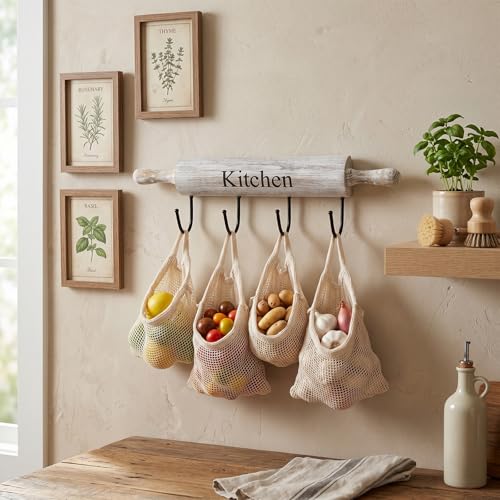 White Washed Wood Kitchen Utensil Rack with 4 Hooks (Whitewashed)