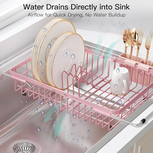 Pink Dish Drying Rack Over the Sink with Utensil Holder (Pink / For 12.5"-30"w Sink, Expandable)