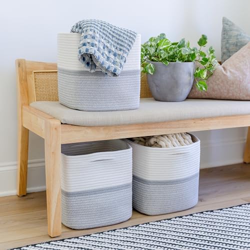 Storage Cubes 11 Inch Cotton Rope Woven Baskets for Organizing (Off White & Gray & Mixed Gray)