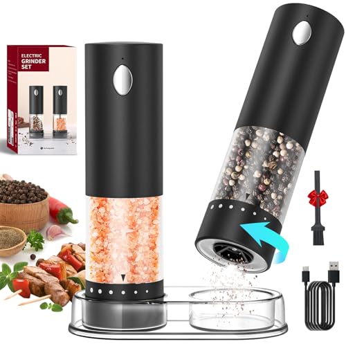 Electric Salt and Pepper Grinder Set Rechargeable Salt and Pepper Mills with 6 (Black)