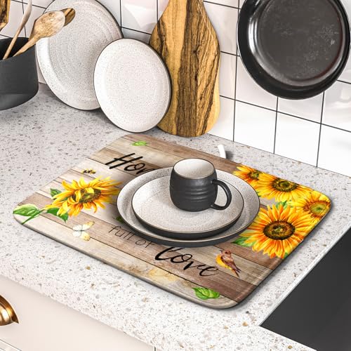 Sunflower Floral Dish Drying Mat for Kitchen Countertop 16x18 inch Rustic Wood Washable Microfiber Absorbent Dishes Drainer Rack Pad (Sunflower Wood Home / 16" x 18")