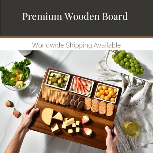 Large Acacia Wood Charcuterie Board Set with 3 Removable Ceramic Bowls & Serving Utensils (16" x 12" x 1.5")