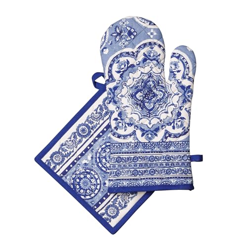 100% Cotton Oven Mitt & Pot Holder Set (014 - Melodie Bleue / 7.5" x 13" & 8" x 8" (Oven Mitt & Pot Holder))