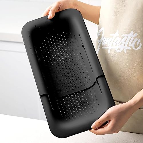 Collapsible Sink Colanders and Strainers Basket Extendable Plastic Fruit Vegetable Strainer Drainer Basket for Kitchen (J-Double Black)