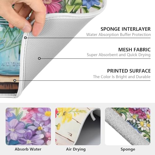 Spring Floral Jars Rustic Dish Drying Mat for Kitchen Counter Absorbent Microfiber Small Drying Pad Flowers Dish Mats for Kitchen Countertops 16 x 18 Inch (18" x 16")