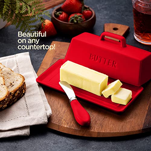 Ceramic Butter Dish Set with Lid and Knife (Red)