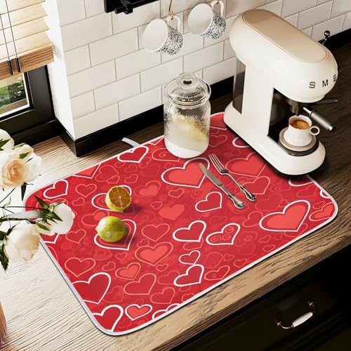 Red Hearts Cute Dish Drying Mat for Kitchen Counter Absorbent Microfiber Large Drying Pad Dish Mats for Kitchen Countertops 18 x 24 Inch (24" x 18")