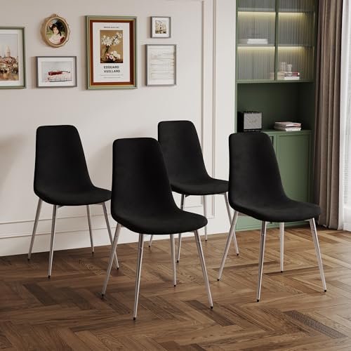 36" Square Glass Dining Table Set for 4 (Silver Square Table/Black Velvet Chairs / 5 Pieces)