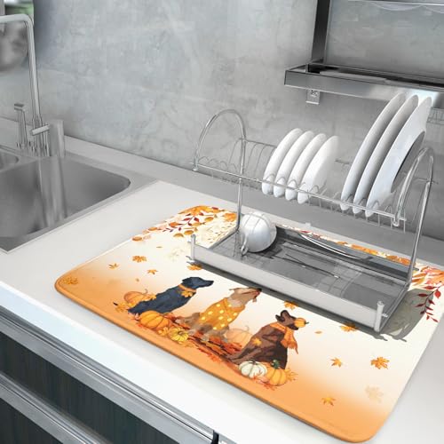 Fall Dogs Dish Drying Mat Autumn Leaves Reusable Dishes Pad 18"x24" Holiday Microfiber Quick Dry Dish Drainer Rack Mat for Kitchen Counter (Fall Dogs / 18x24 inch)