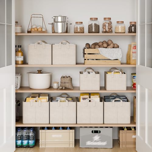 Closet Storage Bins (Khaki and Beige Stripes / 19" L x 13 ¼" W x 11" H)