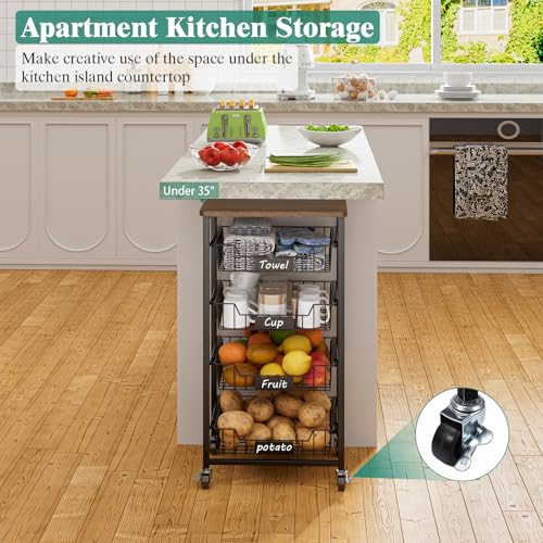 5 Tier Vegetable Fruit Basket Kitchen Storage Rolling Cart on Wheels with Pull (5 Tier / Black)