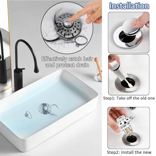 Bathroom Sink Stopper with Hair Catcher (Chrome Silver)