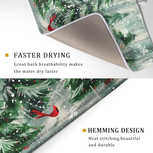 Winter Pine Tree Dish Drying Mat Red Bird Berry Dishes Drainer Mats Absorbent Microfiber Kitchen Counter Protector Drying Mats 18x24 Inch (Winter Pine Tree / 18" x 24")