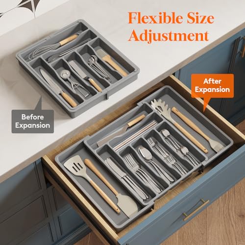 Expandable Silverware Drawer Organizer (Gray / XL (13"-22.4" W × 15"D))