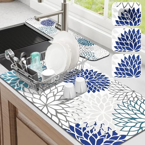 2Pcs Dish Drying Mat & Sink Splash Guard (Blue / 17" X 32" + 24" X 5.5")