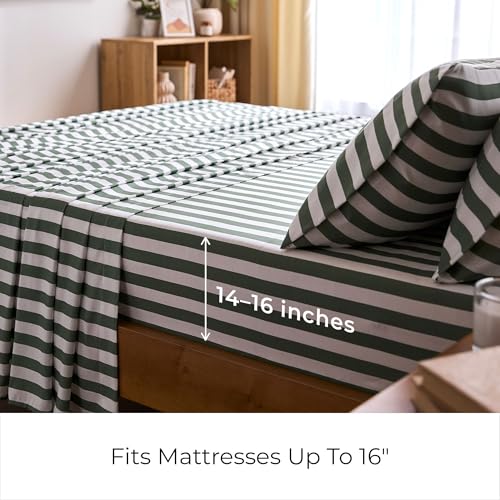 Iconic 5-PC, Ultra Soft Sheet Set (Split King, Oxford Stripe Sage) (3436 Oxford Stripe Sage / Split King)