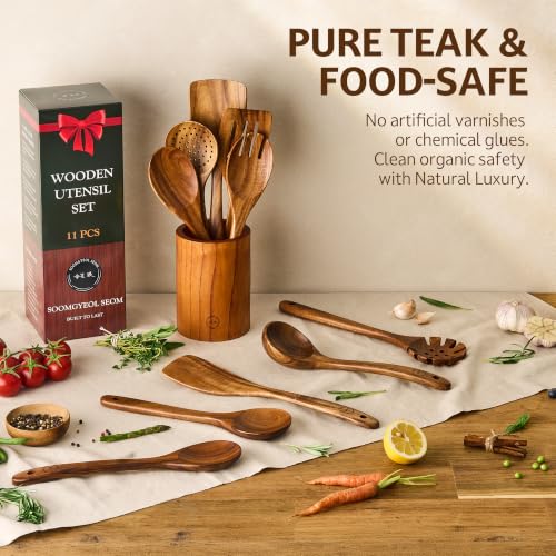 11 Piece Teak Wood Cooking Utensil Set with Holder (11 PCS Set)