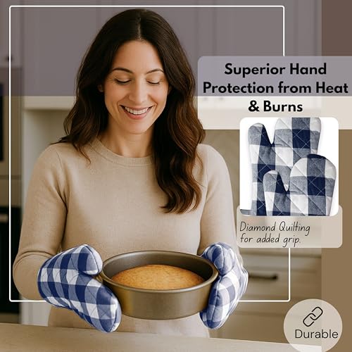 Buffalo Plaid Check Oven Mitts and Pot Holders Set of 4 (Buffalo, Navy Blue)