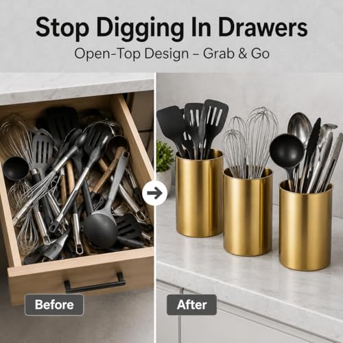 3 PCS Stainless Steel Kitchen Utensil Holders (Gold)