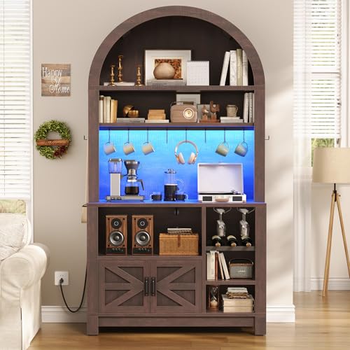 73" Tall Arched Bakers Rack with Power Outlet and LED Light (Brown)