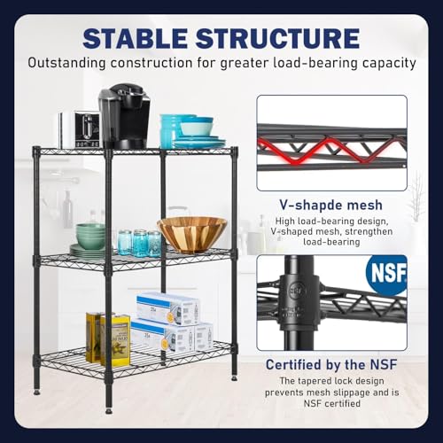 Shelf Shelving Pantry Storage Cabinet 3 Tier Adjustable Metal Storage Shelf 450 lbs Capacity NSF Certified Space Saving Design Adjustable Feet Easy Assembly (Black / 23" x 13" x 30")