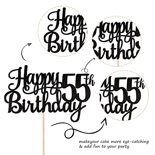 1 PCS Happy 55th Birthday Cake Topper Glitter Cheers to 55 Years Birthday Cake Pick 55 Fabulous Cake Decoration for Happy 55th Birthday Theme Party Decorations Supplies Black (Black / 55th)