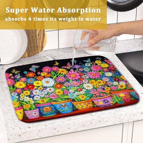 Colorful Floral Dish Drying Mat 16 X 18 Black Spring Flowers Absorbent Microfiber Kitchen Decor Counter Mats (Vintage Flowers Colorful / 18" x 16")