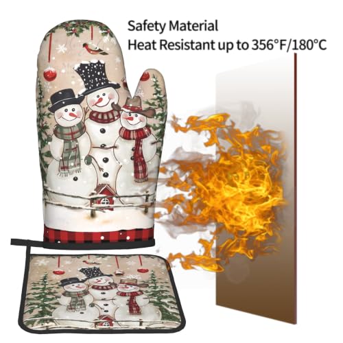 Winter Snowman Oven Mitts and Pot Holder 2Pcs Xmas Tree Kitchen Gloves Potholder Heat Resistant Hot Pad Baking Cooking Grilling Accessories (Winter Snowman Bell)