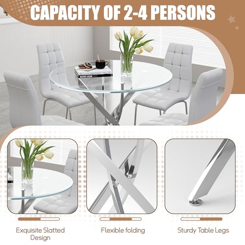 5 Piece Round Glass Dining Table Set (Silver Round Table/White Pu Chairs / 5 Pieces)